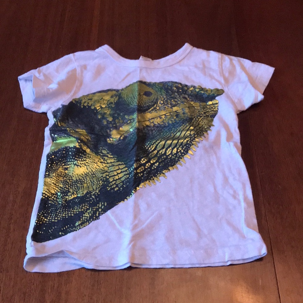 Child’s white short sleeved tee with lizard pic